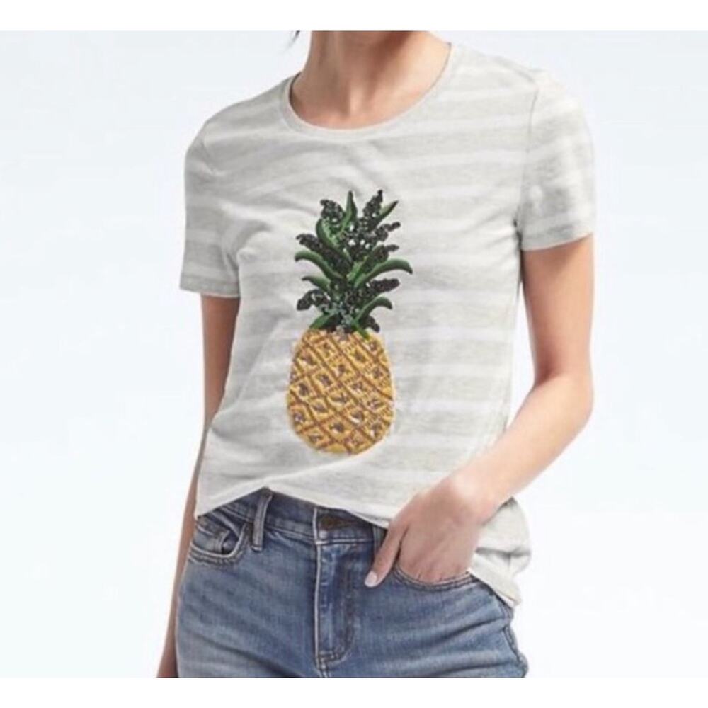 Banana Republic Striped Tee with Sequined Pineapple Shirt Women's Size Medium